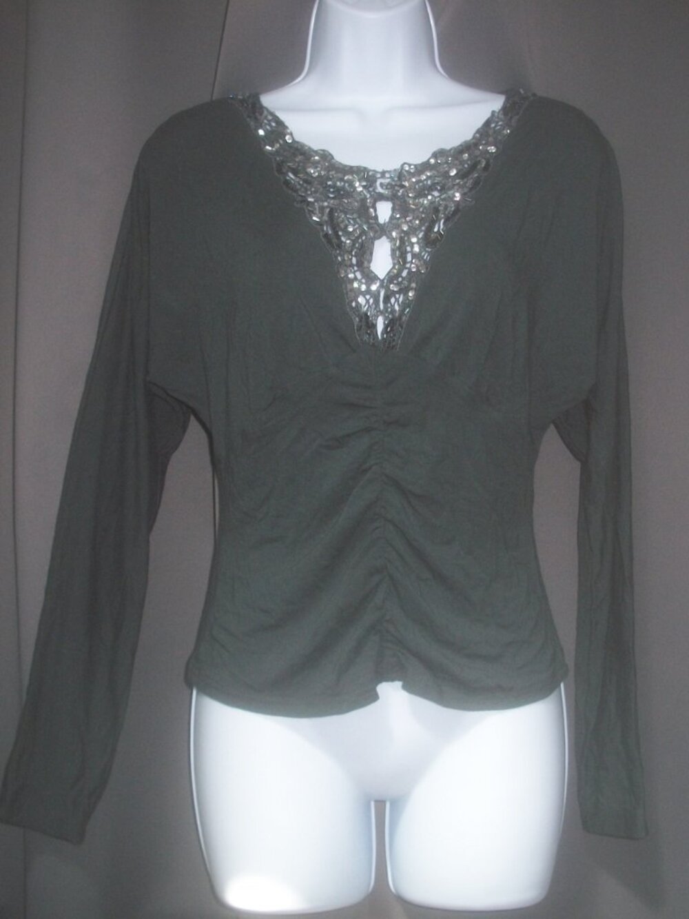 womens beaded top.gray pleat blouse.silver beaded bling. size small
